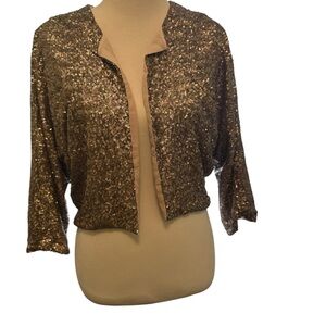 Stitch & Knot Sequin Cropped Jacket Brown Open Front Lined Cardigan Long Sleeves